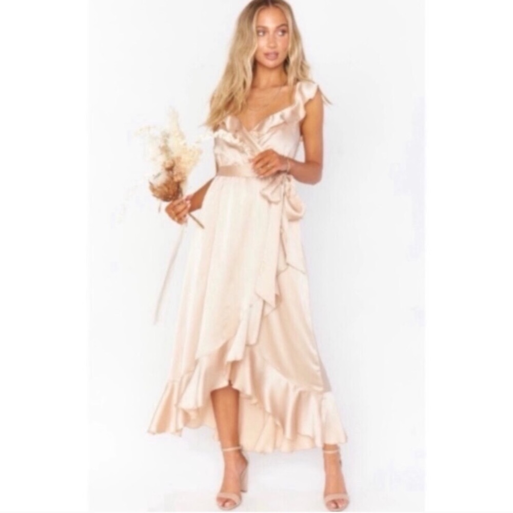 NWT SMYM Samantha Ruffle Wrap Dress in champagne